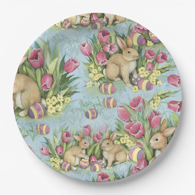 Easter Bunnies In The Garden w Tulips Paper Plates (Front)