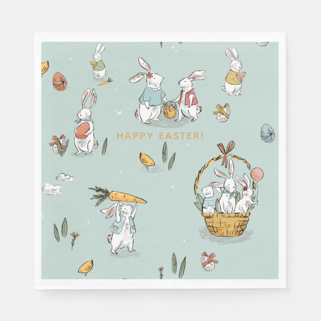 Easter Bunnies Pattern Egg and Carrots Hunt Custom Napkins (Front)