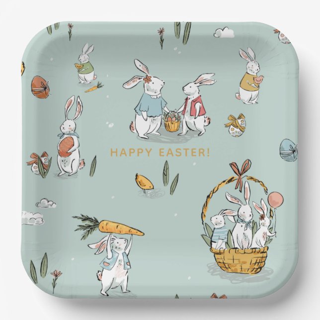 Easter Bunnies Pattern Egg and Carrots Hunt Custom Paper Plates (Front)