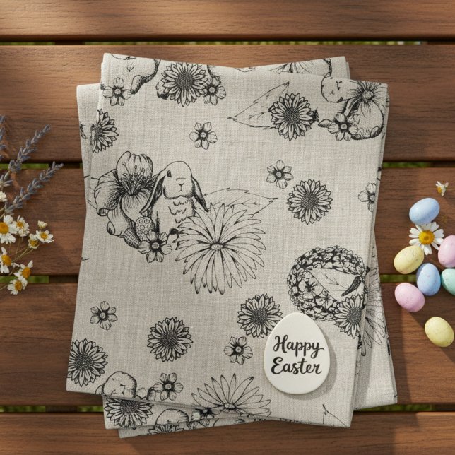 Easter Bunnies & Spring Floral Linen Fabric (Cute Floral Easter Bunnies & Flower Linen Fabric for Easter Egg Hunt or Spring Kids Birthday Parties)