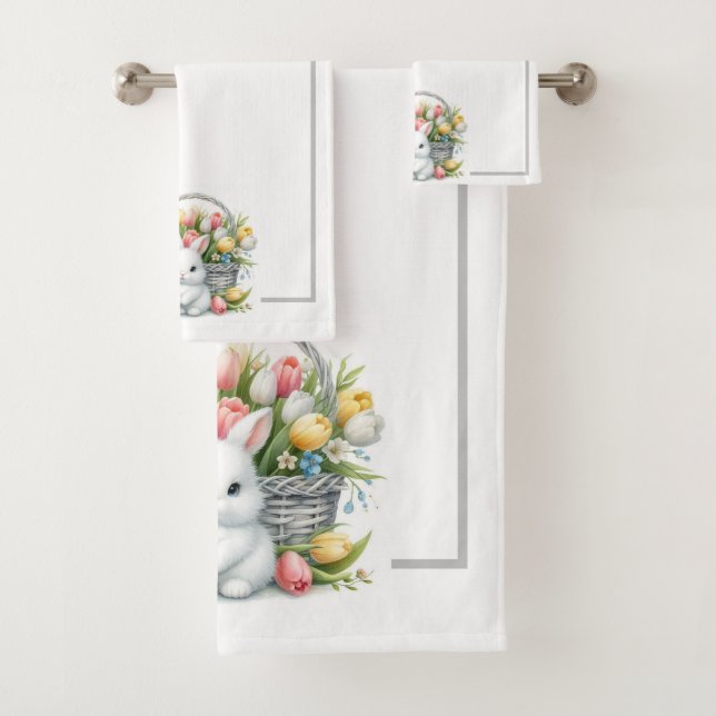 Easter Bunnies with Basket and Tulips Bath Towel Set (Insitu)
