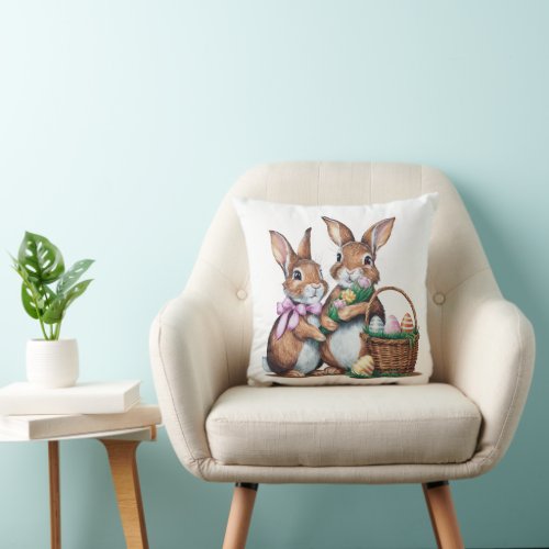 Easter Bunnies With Basket Throw Pillow