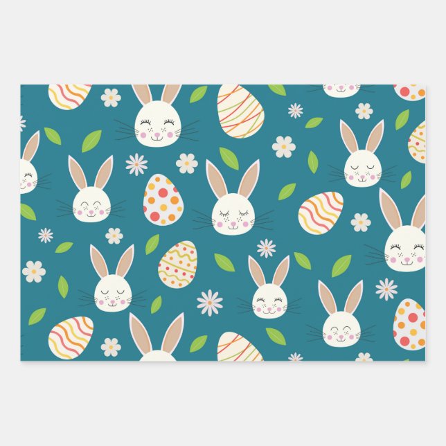 Easter Bunnies with Eggs and Flowers on Blue  Wrapping Paper Sheets (Front)