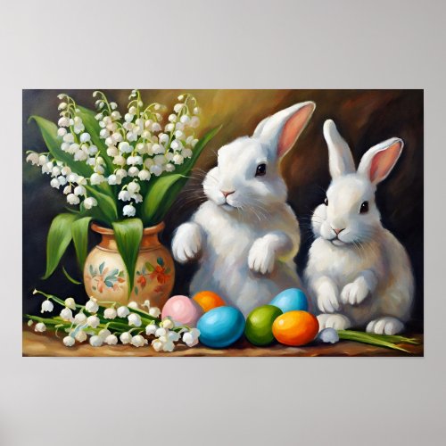 Easter Bunnies With Flowers Poster