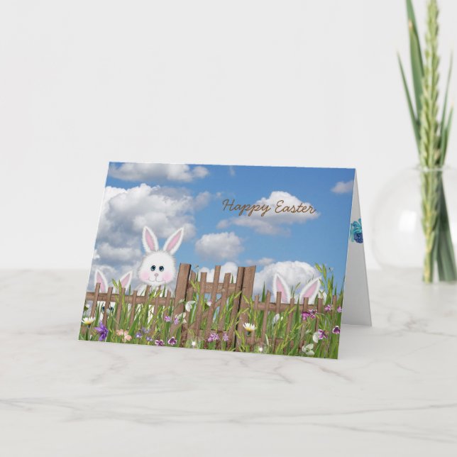 Easter Bunnies with Garden Fence Holiday Card (Front)