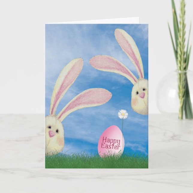 Easter bunnies with pink egg in grass card (Front)