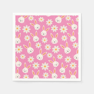Easter Bunnies with White Flowers on Pink Napkins
