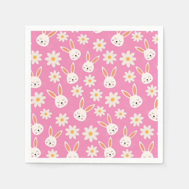 Easter Bunnies with White Flowers on Pink  Napkins (Front)