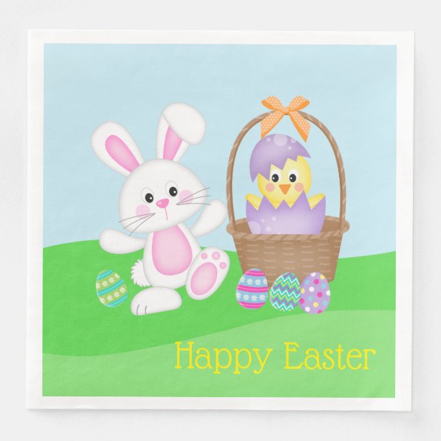 Easter Bunny And Baby Chick Paper Dinner Napkins (Front)
