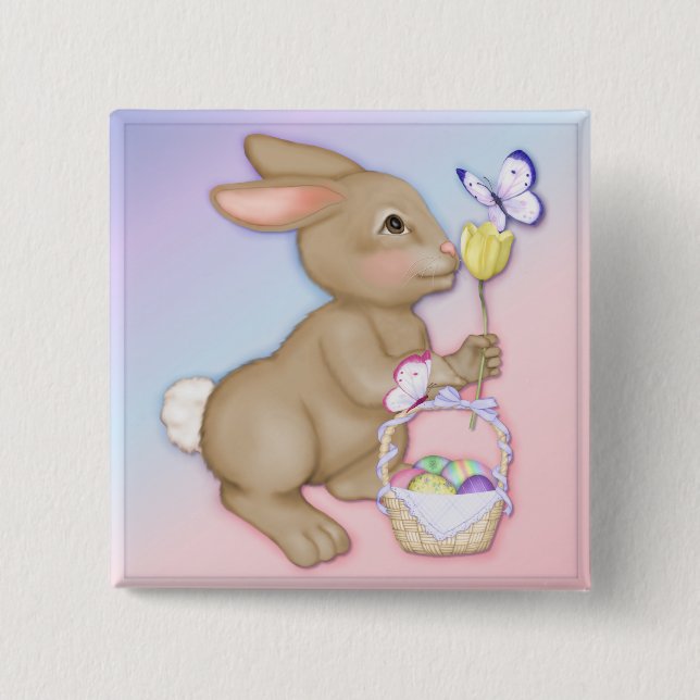 Easter Bunny and Basket Pinback Button (Front)