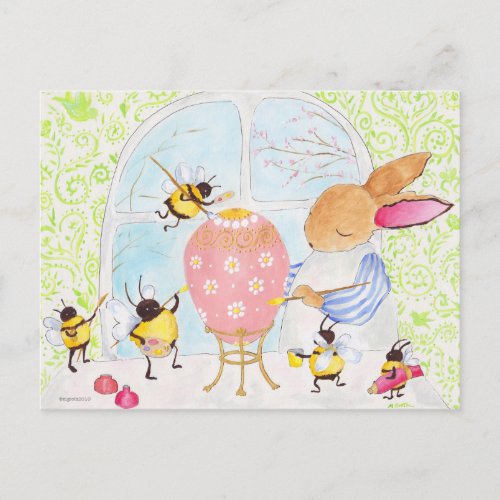 Easter bunny and bees holiday postcard