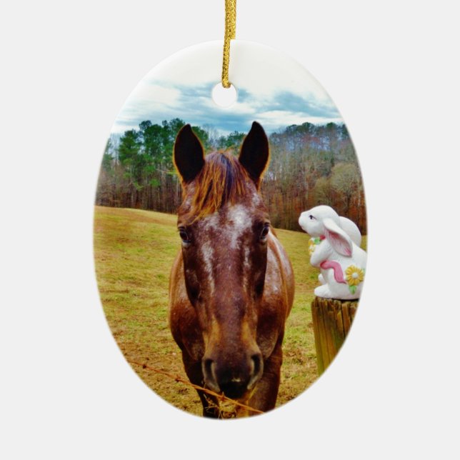 Easter Bunny and Brown horse Ceramic Ornament (Front)