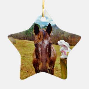 Easter Bunny and Brown horse Ceramic Ornament