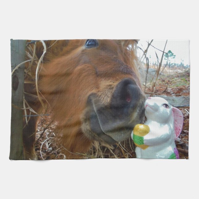 Easter Bunny and Brown horse Kitchen Towel (Horizontal)