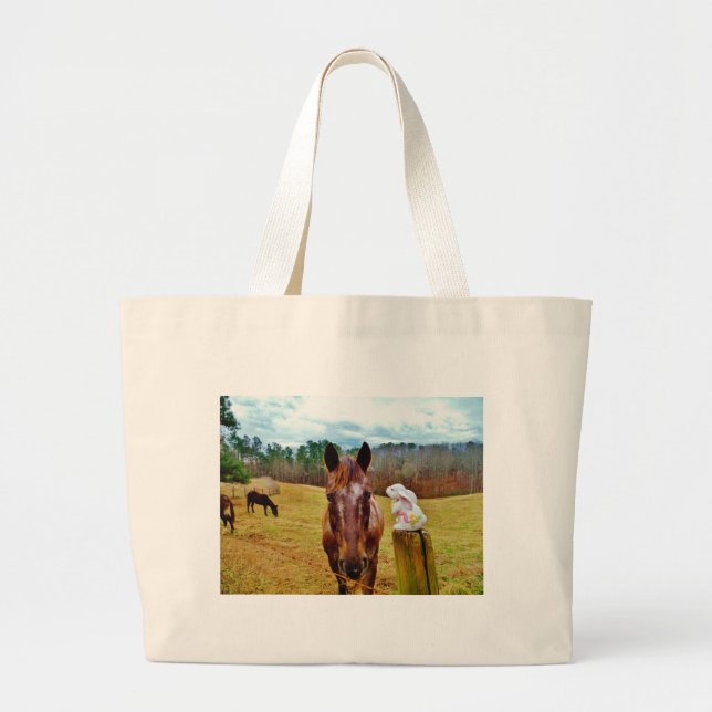 Easter Bunny and Brown horse Large Tote Bag (Front)