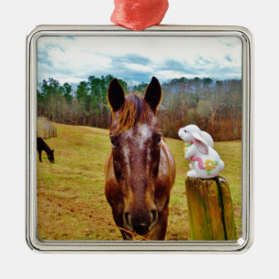 Easter Bunny and Brown horse Metal Ornament