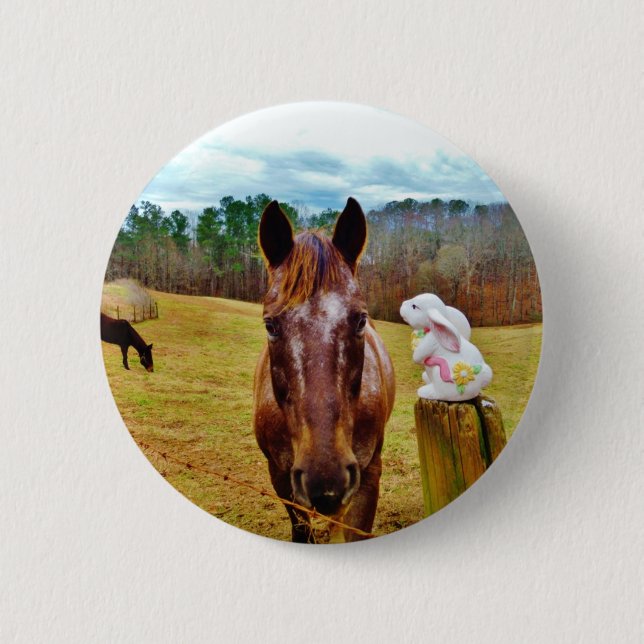 Easter Bunny and Brown horse Pinback Button (Front)