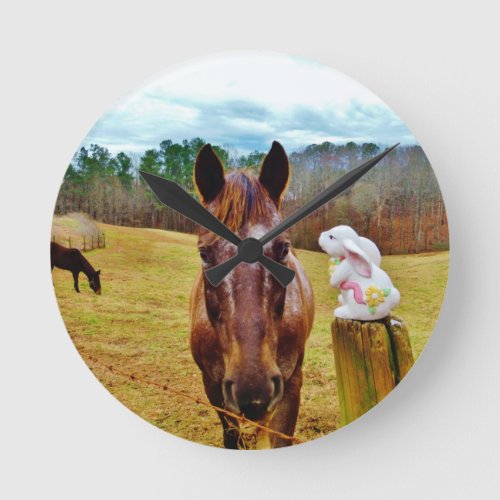 Easter Bunny and Brown horse Round Clock