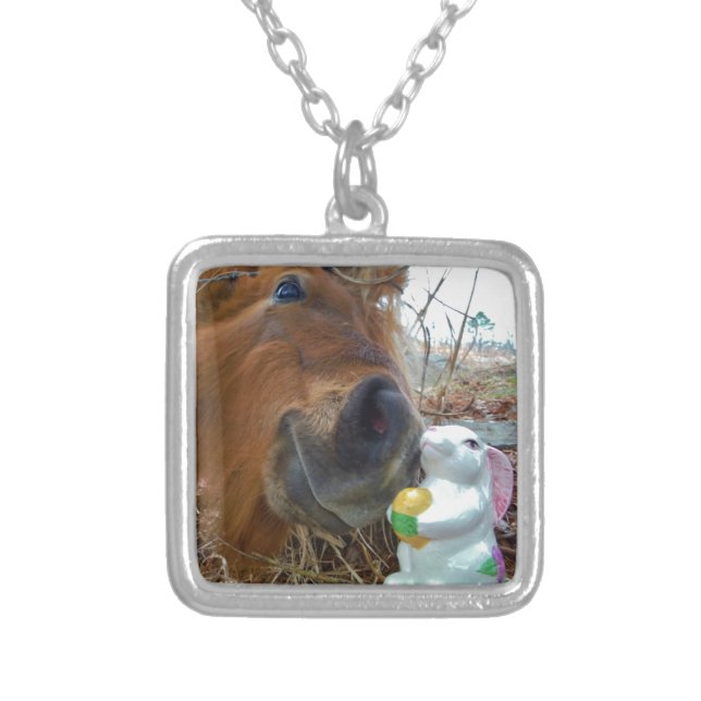 Easter Bunny and Brown horse Silver Plated Necklace (Front)