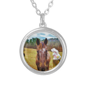 Easter Bunny and Brown horse Silver Plated Necklace