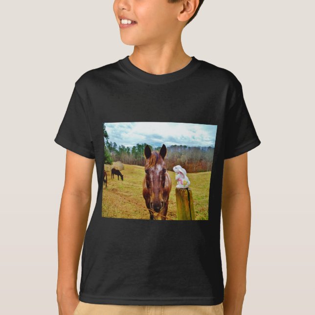 Easter Bunny and Brown horse T-Shirt (Front)