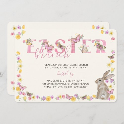 Easter Bunny and Butterfly Dainty Floral Brunch Invitation