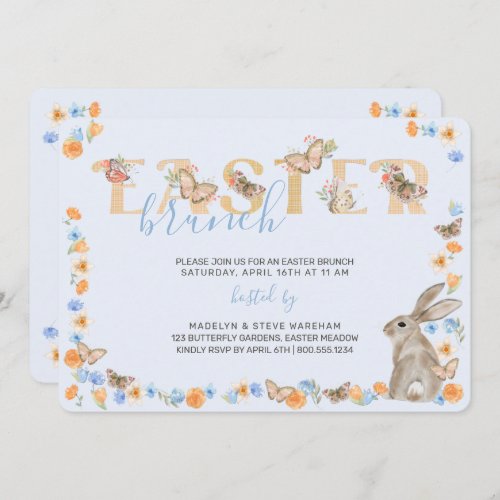 Easter Bunny and Butterfly Sweet Floral Brunch Invitation