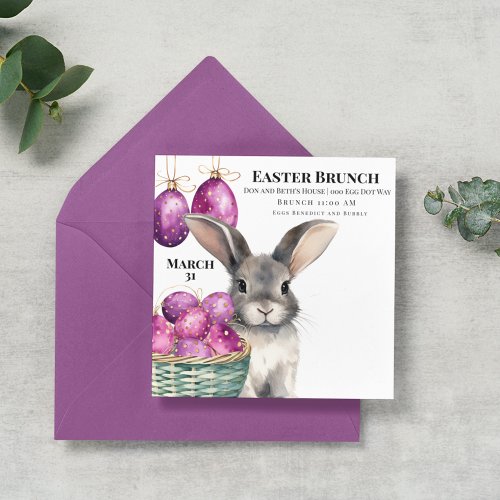 Easter Bunny and Cerise Easter Eggs in Basket Invitation