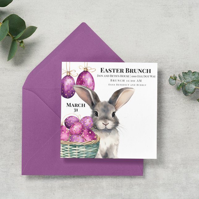 Easter Bunny and Cerise Easter Eggs in Basket Invitation (Easter Bunny and purple and gold polka dotted Easter eggs on customizable Easter Brunch invitation)