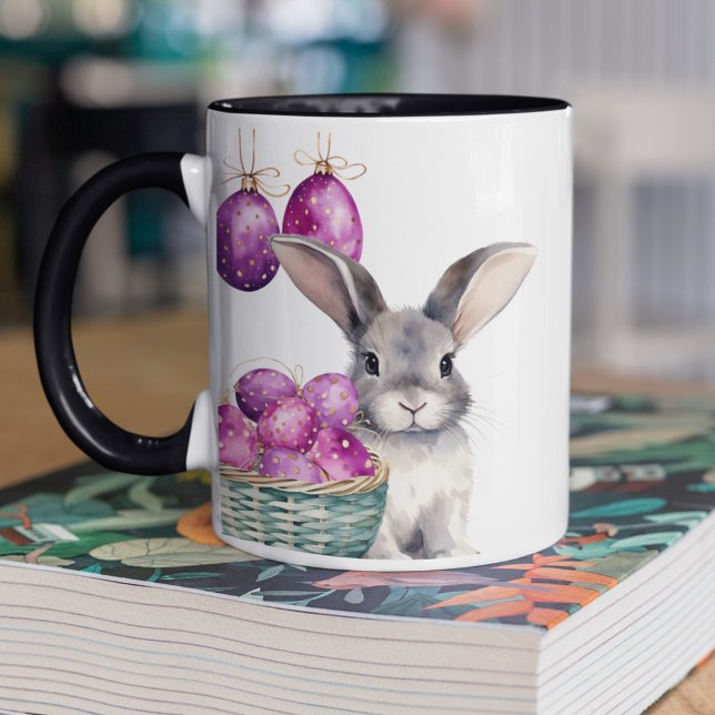 Easter Bunny and Cerise Easter Eggs in Basket Mug (Happy Easter customizable two toned coffee mug with cute bunny and polka dotted Easter eggs. )