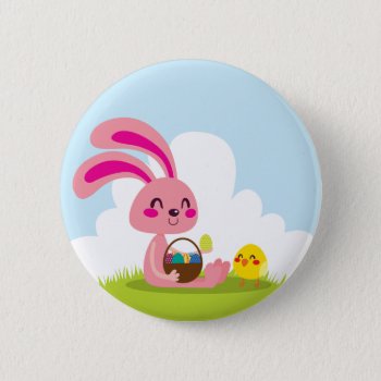Easter Bunny And Chick Button by Kakigori at Zazzle