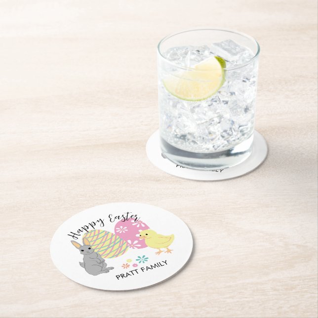 Easter Bunny and Chick with Decorated Eggs Round Paper Coaster (Insitu)