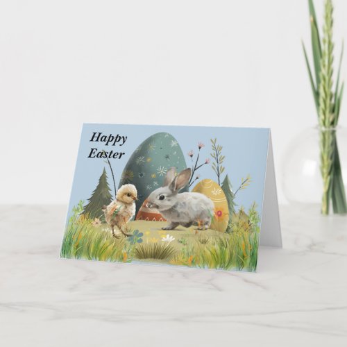Easter Bunny and Chick with Eggs Card