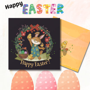 Easter bunny and chicks black yellow holiday card