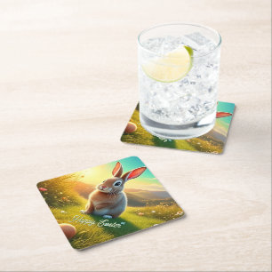 Easter Bunny and Colorful Eggs in Spring Magic Paper Coaster