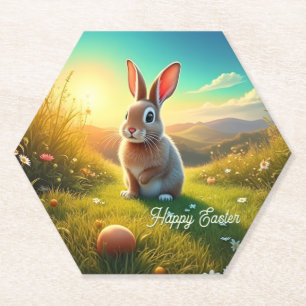 Easter Bunny and Colorful Eggs in Spring Magic Paper Coaster