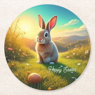 Easter Bunny and Colorful Eggs in Spring Magic Round Paper Coaster
