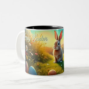 Easter Bunny and Colorful Eggs in Spring Magic Two-Tone Coffee Mug