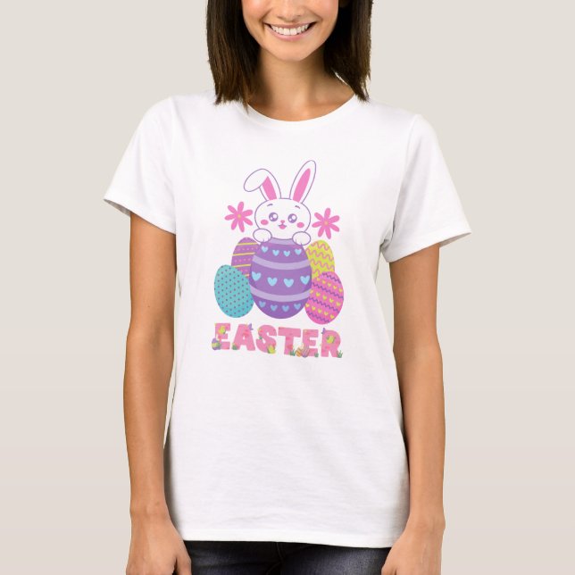  Easter Bunny and Colorful Eggs T-Shirt (Front)