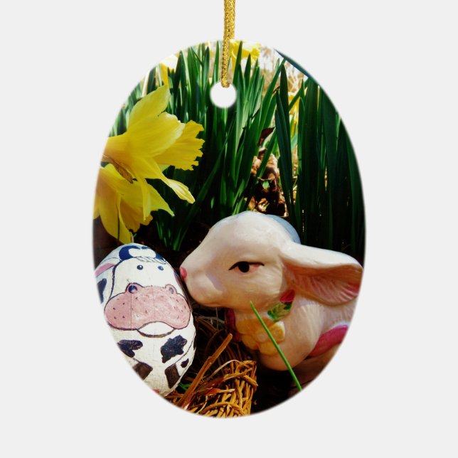 Easter Bunny and cow egg Ceramic Ornament (Front)