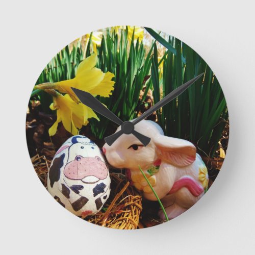 Easter Bunny and cow egg Round Clock