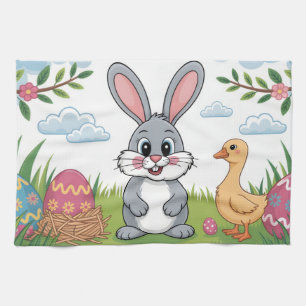 Easter Bunny and Duckling in Spring Meadow Kitchen Towel