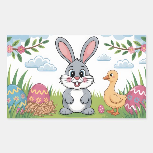Easter Bunny and Duckling in Spring Meadow Rectangular Sticker (Front)