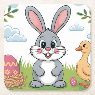 Easter Bunny and Duckling in Spring Meadow Square Paper Coaster