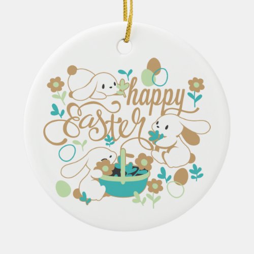 Easter Bunny and Egg Hunt Pattern Ceramic Ornament