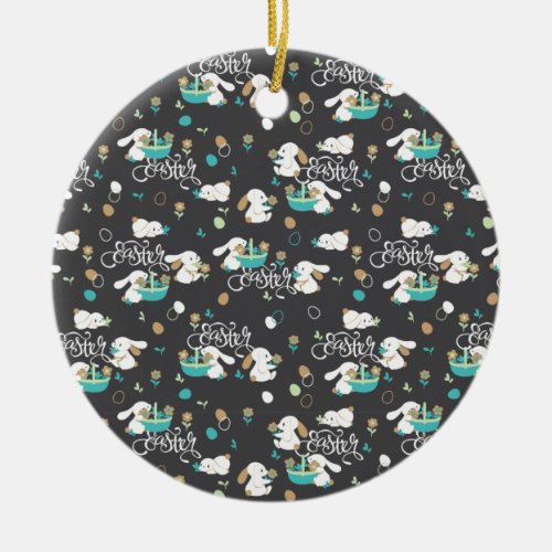 Easter Bunny and Egg Hunt Pattern on Midnight Ceramic Ornament