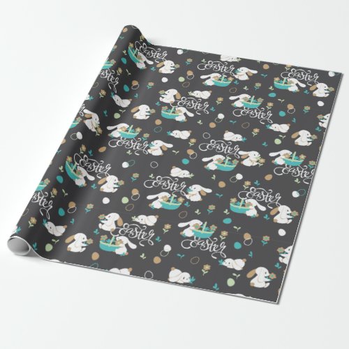 Easter Bunny and Egg Hunt Pattern on Midnight  Wrapping Paper