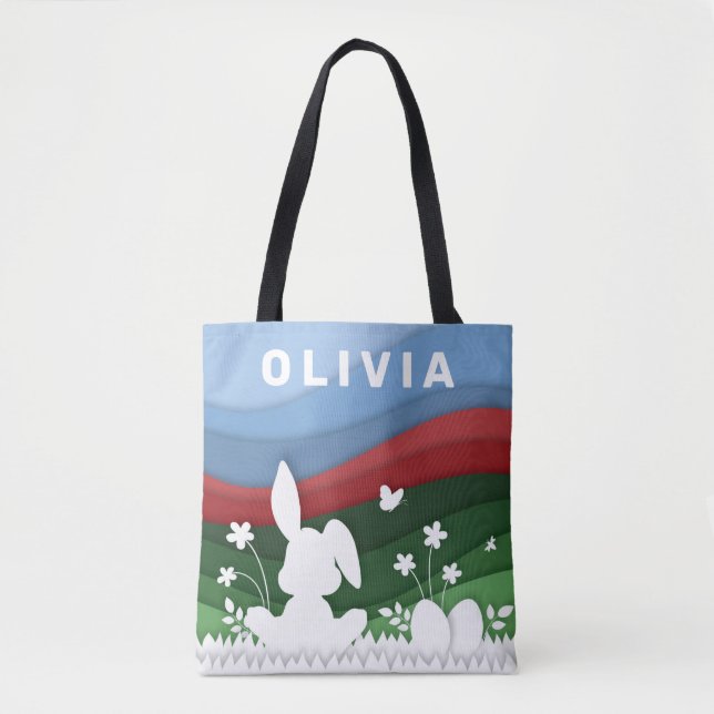 Easter bunny and eggs cartoon paper cut spring  to tote bag (Front)