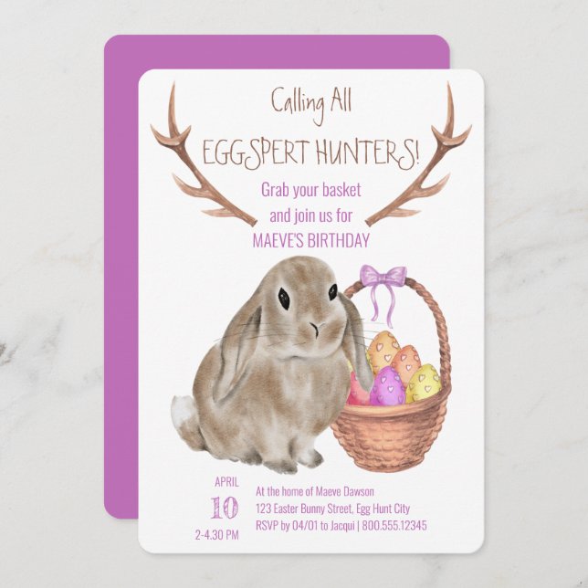 Easter Bunny and Eggs Eggspert Hunters Birthday Invitation (Front/Back)