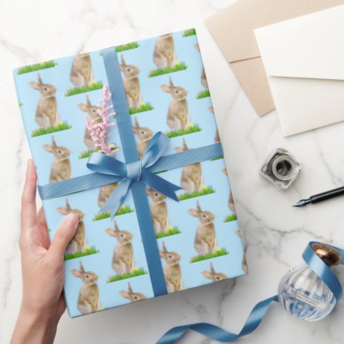 Easter Bunny and Eggs On Blue Wrapping Paper